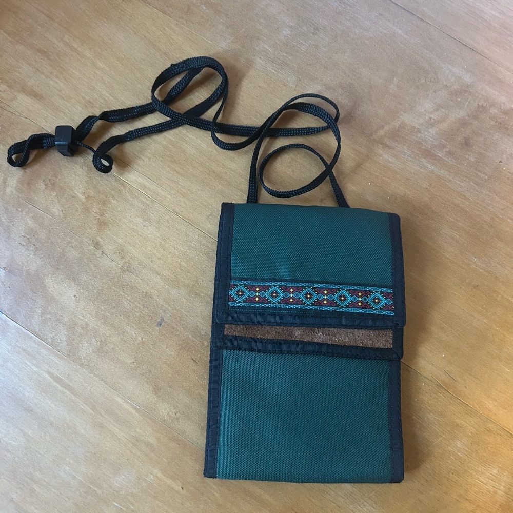 VTG 90s Hunter Green Canvas Suede Crossbody Purse Wallet Southwest Aztec 1990s